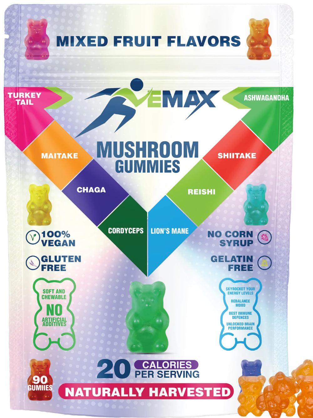 Vemax Ashwagandha and Lions Mane gummies bottle showing mixed fruit flavor for daily wellness.