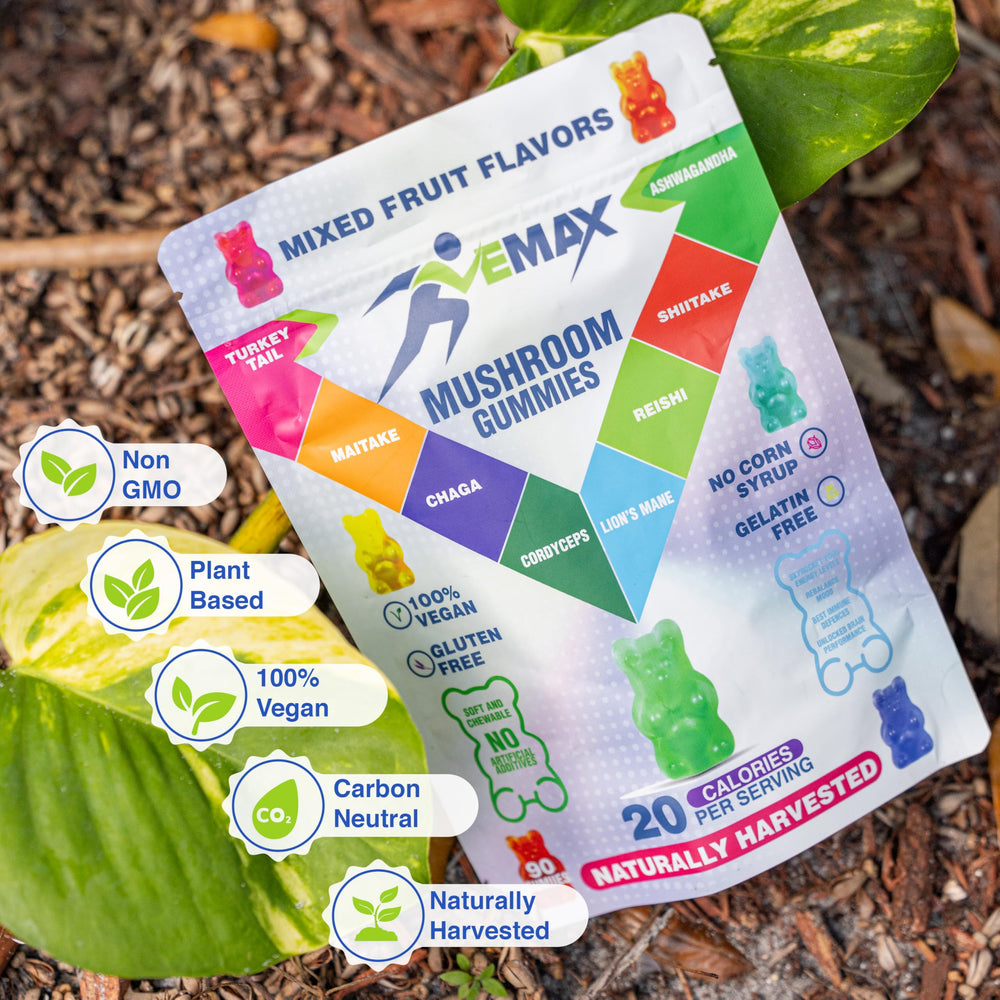 Vemax organic mushroom gummy package on shelf for vegan wellness.
