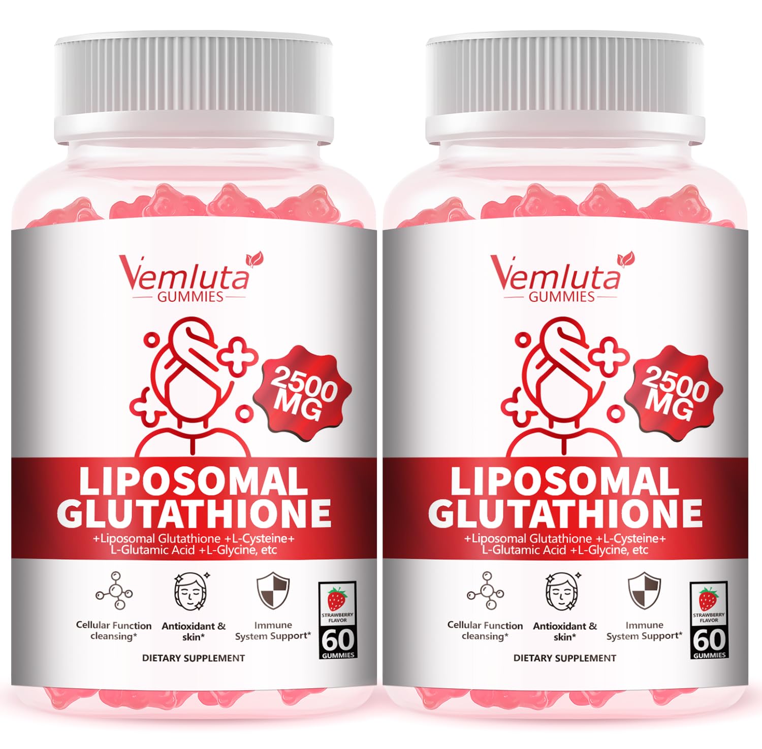 Vemluta bottle with glutathione gummies highlighting strawberry flavor for daily wellness.