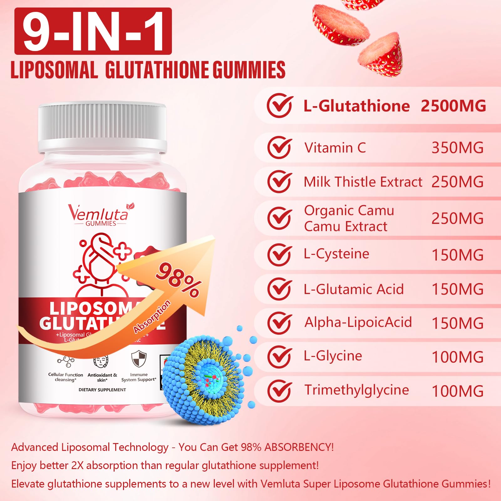 Vemluta ingredients panel featuring vitamin C and L-cysteine for natural support.