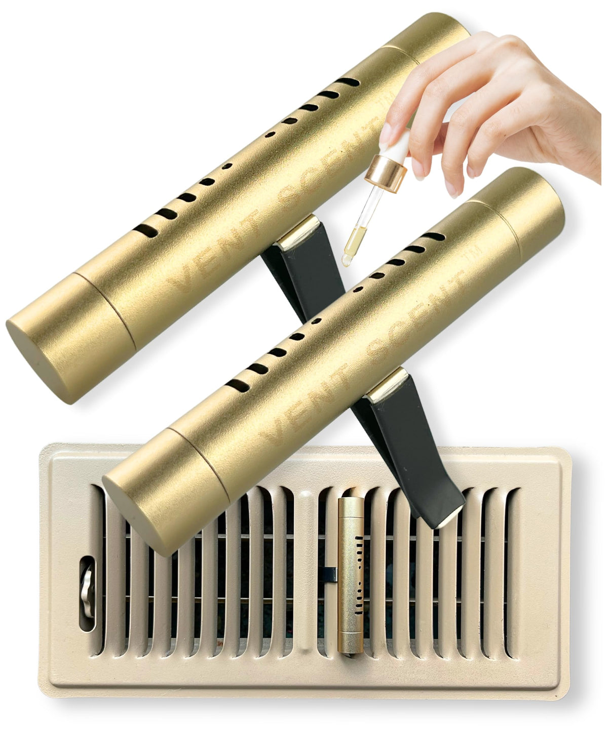 Vent Scent brown diffuser on a vent delivers steady fragrance.