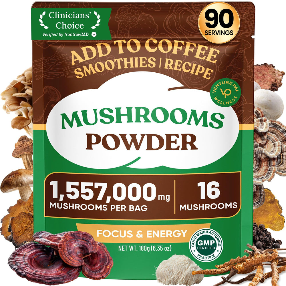 Venture Pal 16-in-1 mushroom powder bottle showcases full-spectrum blend for daily wellness
