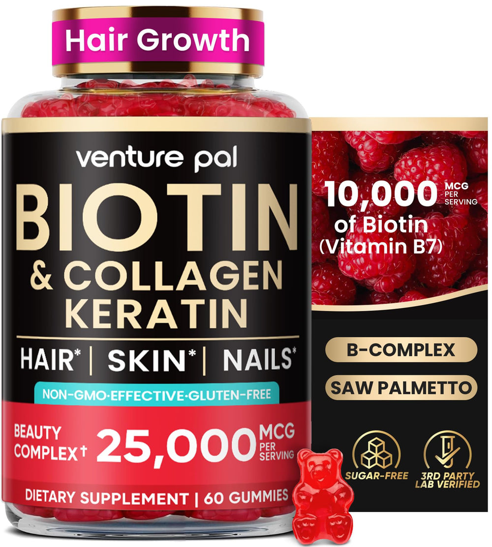 Venture Pal Biotin Gummies bottle with collagen and keratin for hair, skin, and nails.