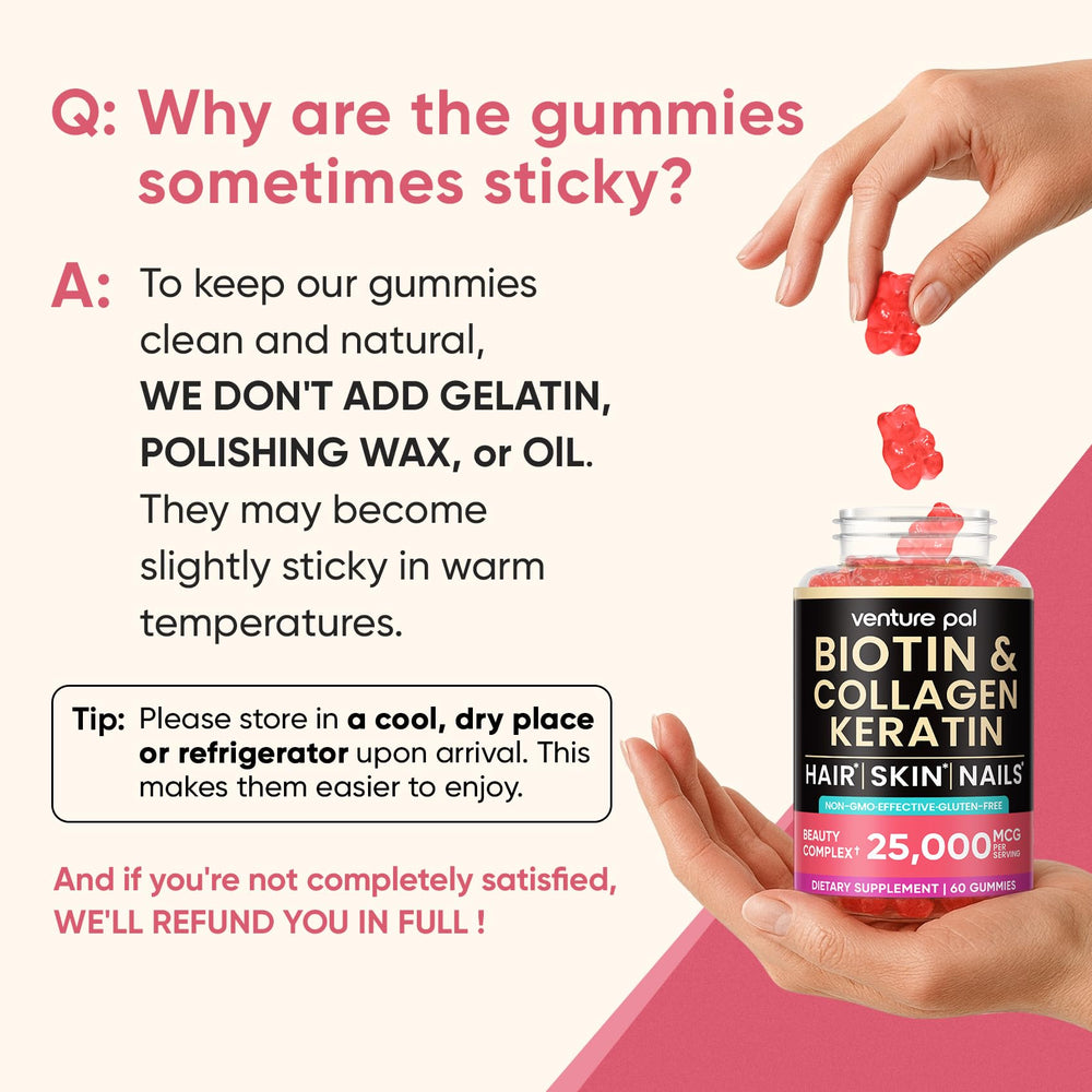 Venture Pal Biotin Gummies ingredients panel highlights MSM and vitamins for overall wellness.