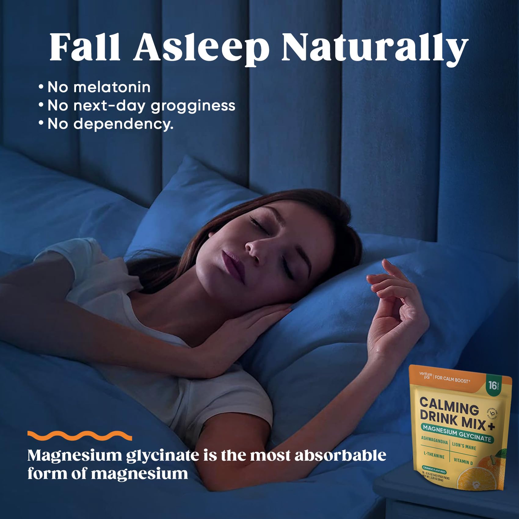 Measuring spoon with Venture Pal Calm Drink Mix ready for a calm routine.