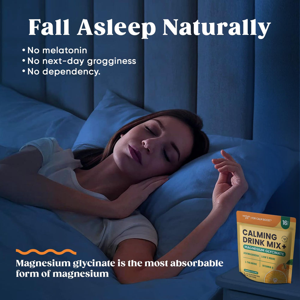 Measuring spoon with Venture Pal Calm Drink Mix ready for a calm routine.