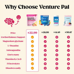 Venture Pal Calm Drink Mix packaging showing no sugar and natural ingredients