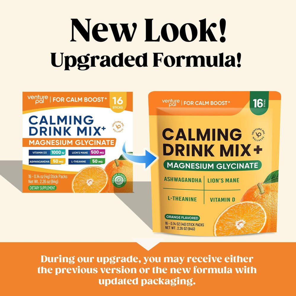 Dissolving powder in juice with Venture Pal Calm Drink Mix for convenient relaxation.