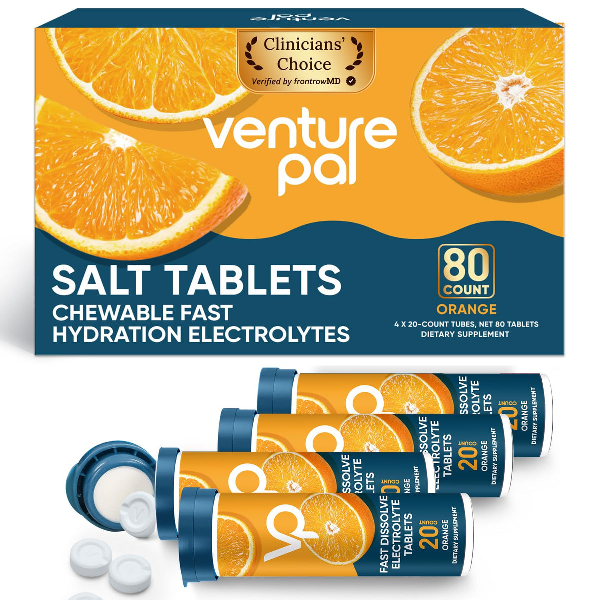 Venture Pal chewable electrolyte tablets in bottle; quick hydration for workouts.