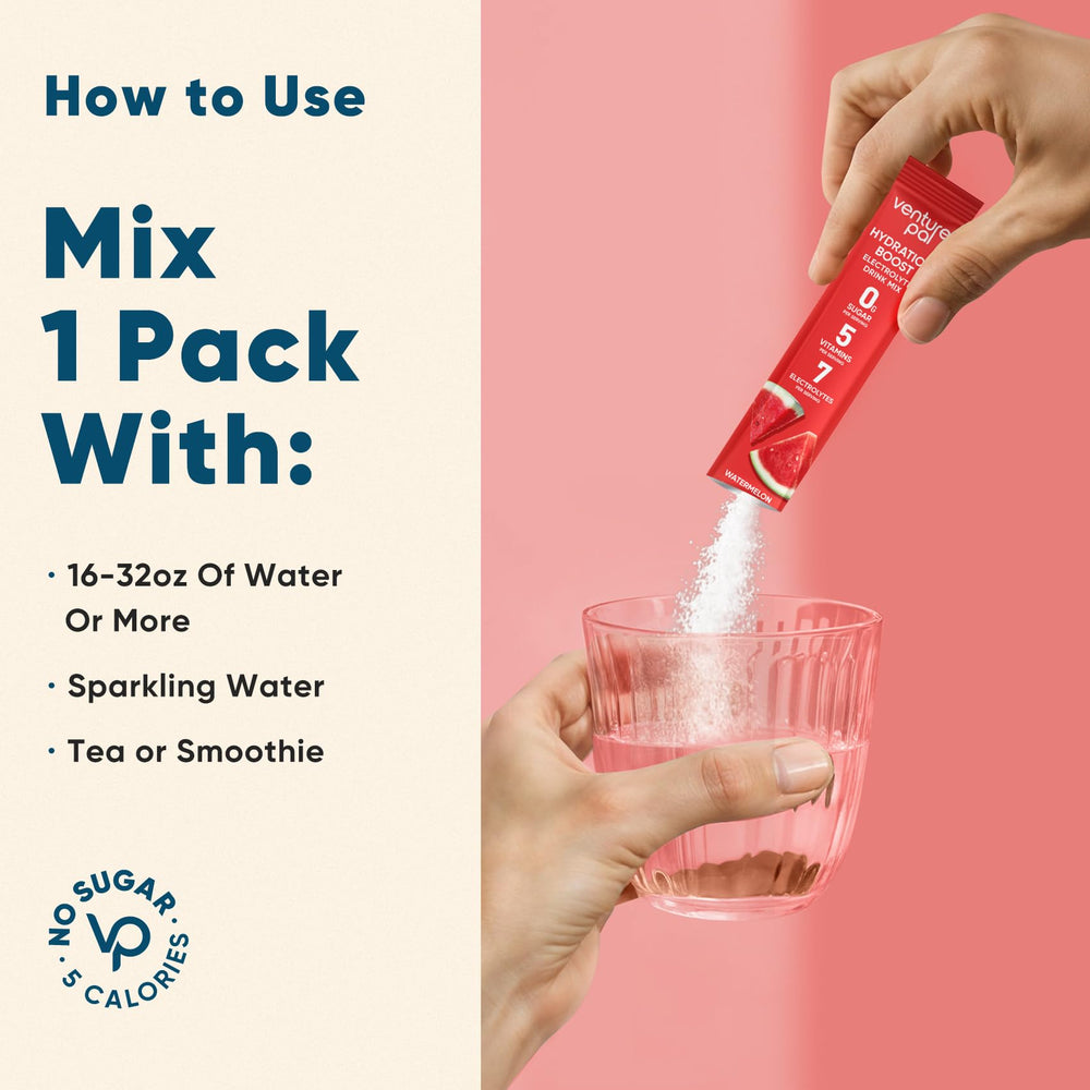 Venture Pal easy-dissolve hydration sticks mix smoothly in water.