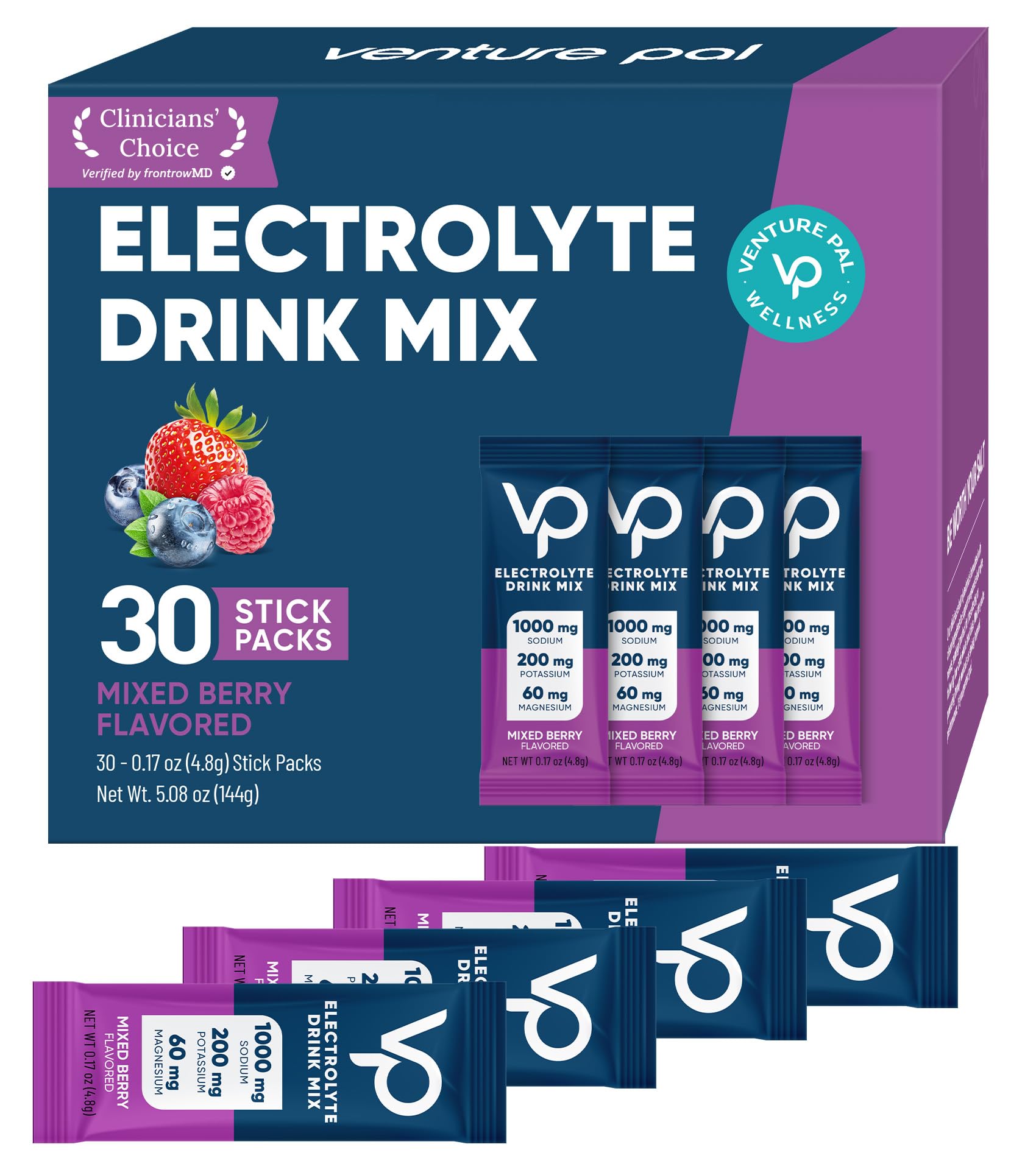 Venture Pal high-sodium electrolyte packet stand for on-the-go hydration.