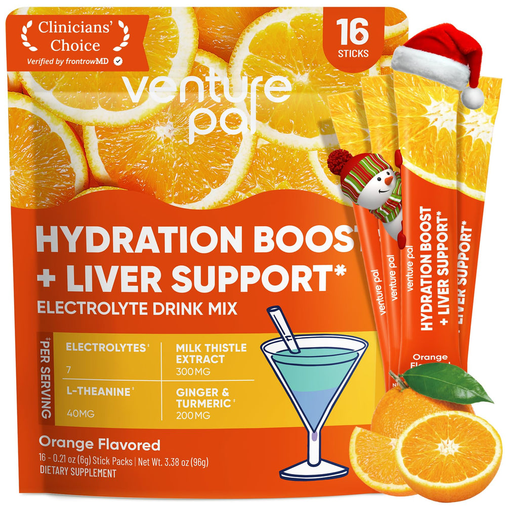 Venture Pal hydration packets beside a water bottle for on-the-go hydration