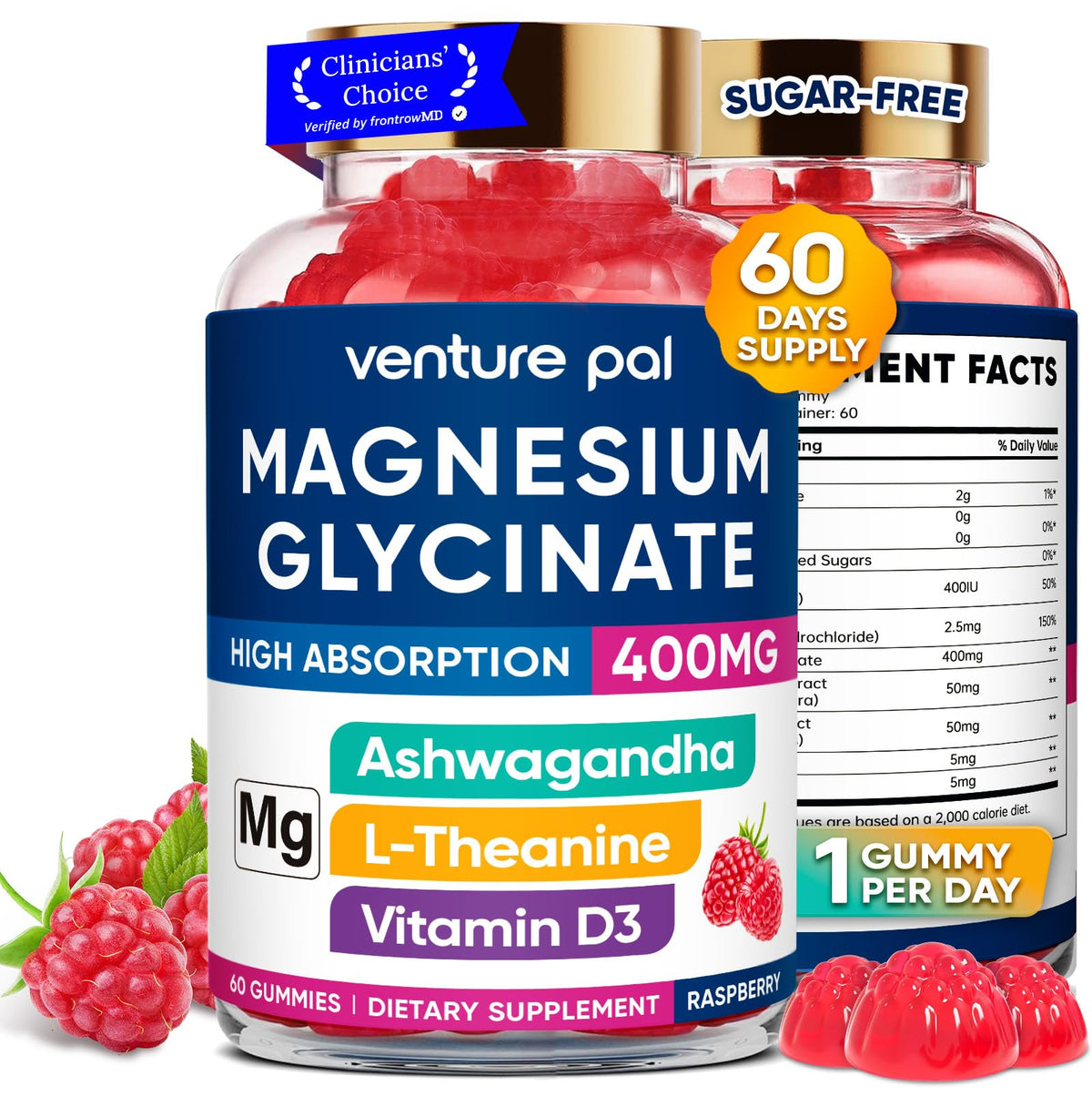 Venture Pal magnesium glycinate bottle front showing 60-day calm routine for daily use