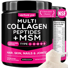 Venture Pal Multi Collagen powder tub front showing premium blend for skin, hair, and joints.
