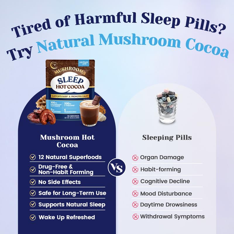 Venture Pal Mushroom Cocoa packaging opened, ready for a quick, calming preparation.