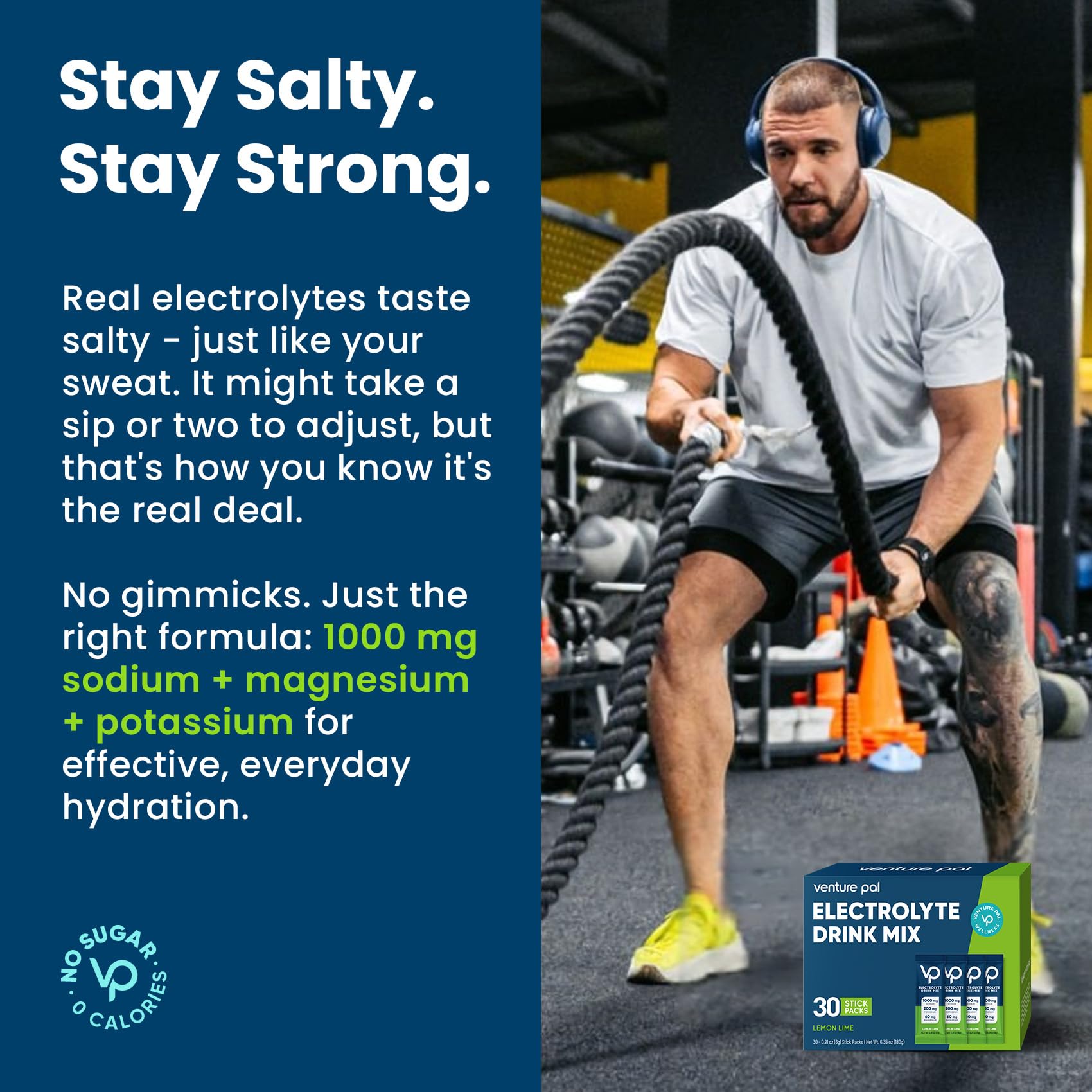 Venture Pal electrolyte blend with sodium, potassium and magnesium for balanced hydration.