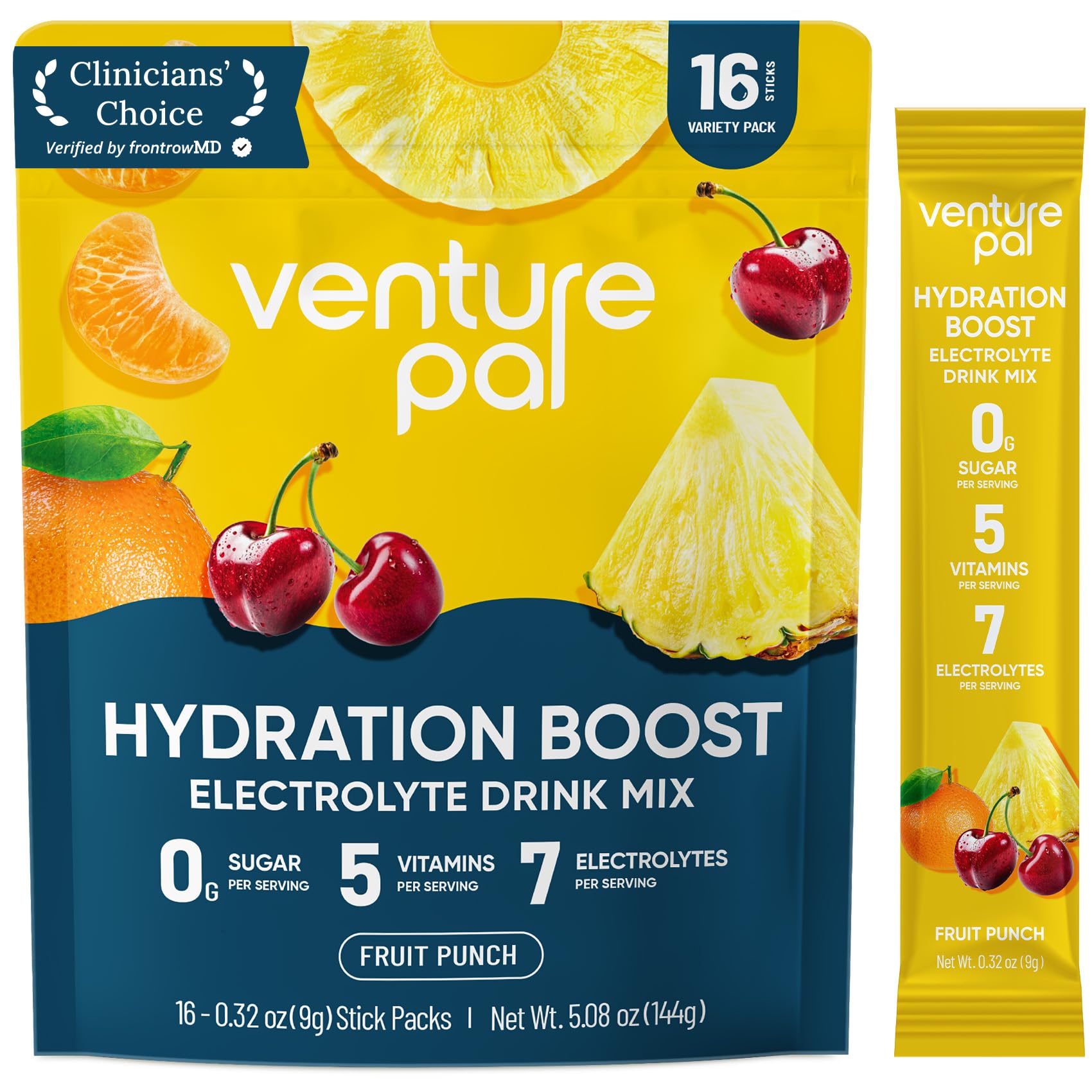 Venture Pal sugar-free electrolyte packet dissolving in water for quick hydration.