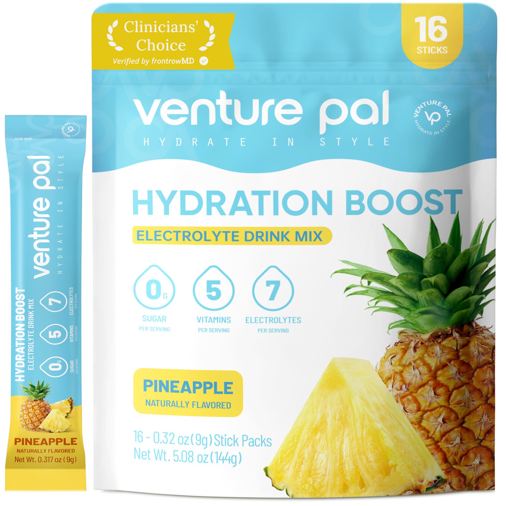 Venture Pal sugar-free electrolyte powder packet label aiding clean daily hydration.