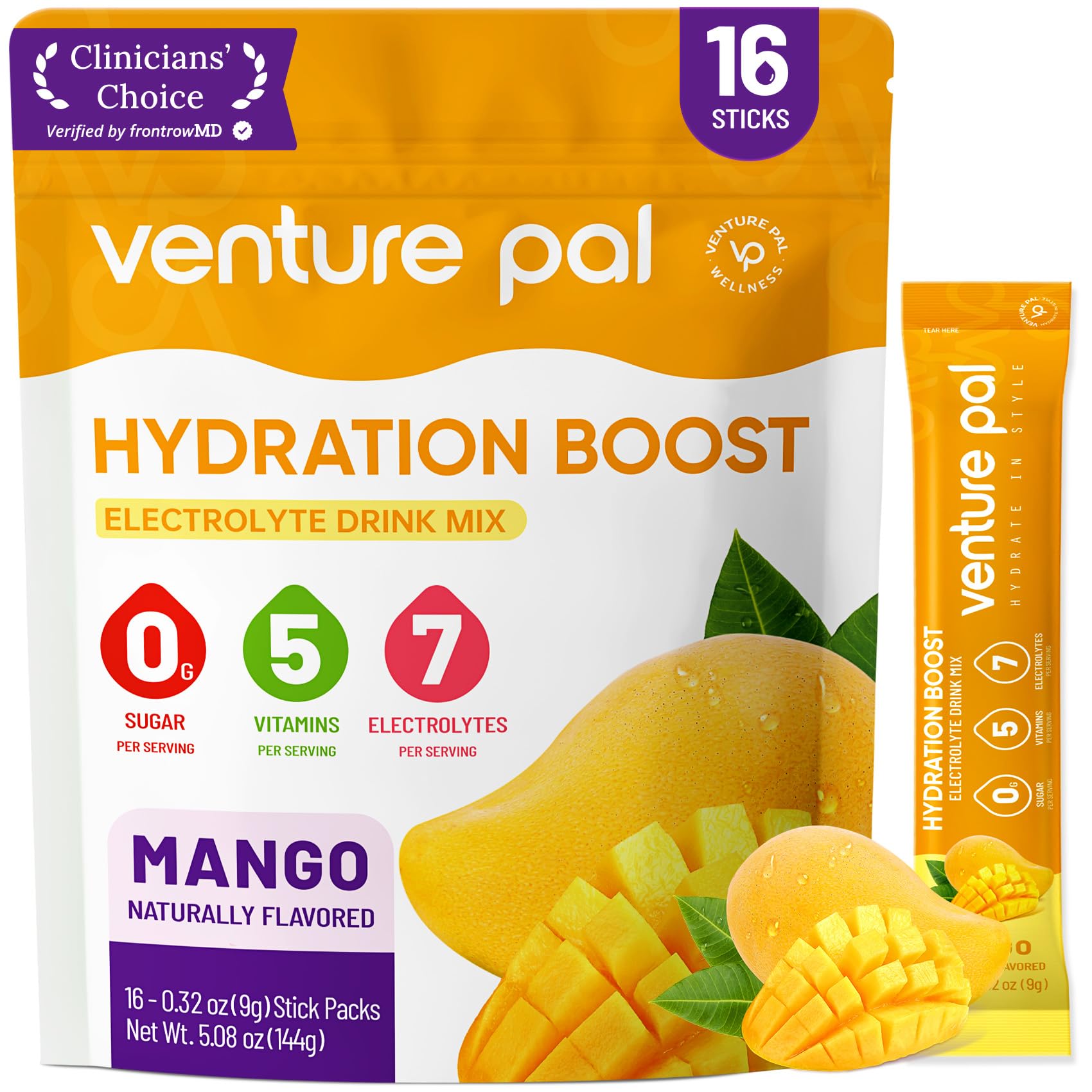 Venture Pal sugar-free electrolyte stick close-up for on-the-go hydration.