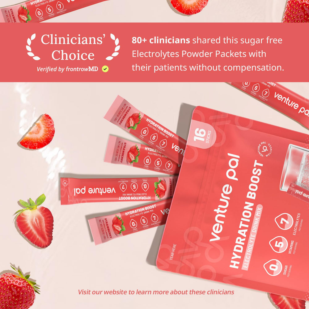 Venture Pal sugar free electrolytes poured into a glass, highlighting zero sugar.