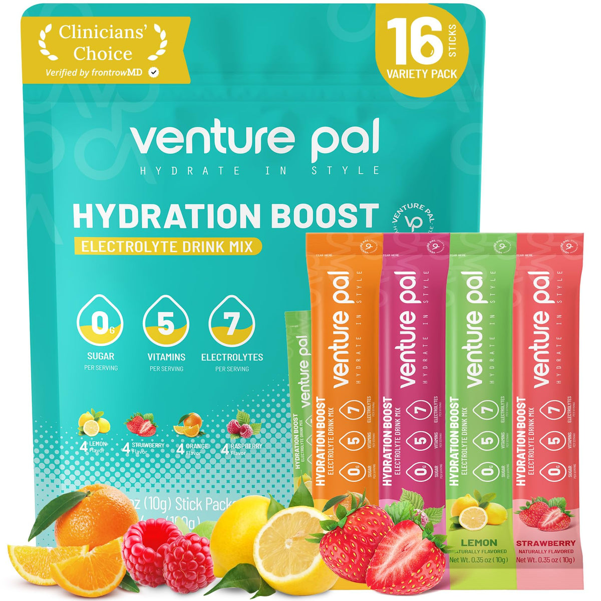 Venture Pal sugar-free electrolytes packets showcase packaging for quick, sugar-free hydration.