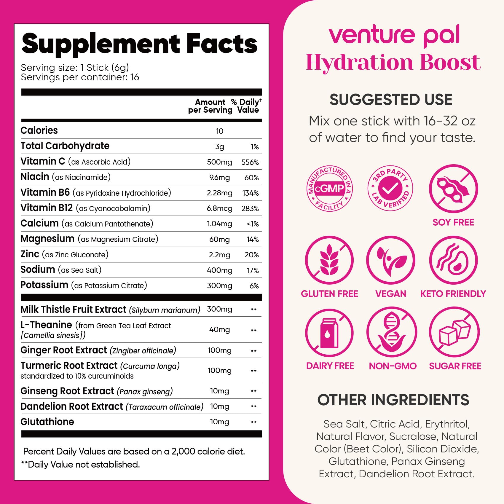 Sugar-free, keto-friendly, vegan labeling on Venture Pal packaging
