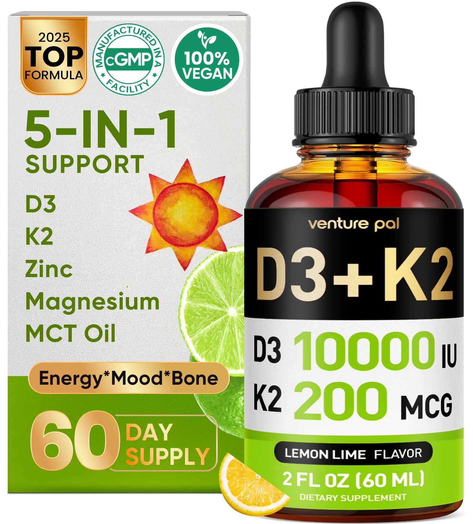 Venture Pal vitamin D3 K2 bottle with dropper showcases high-absorption liquid format.