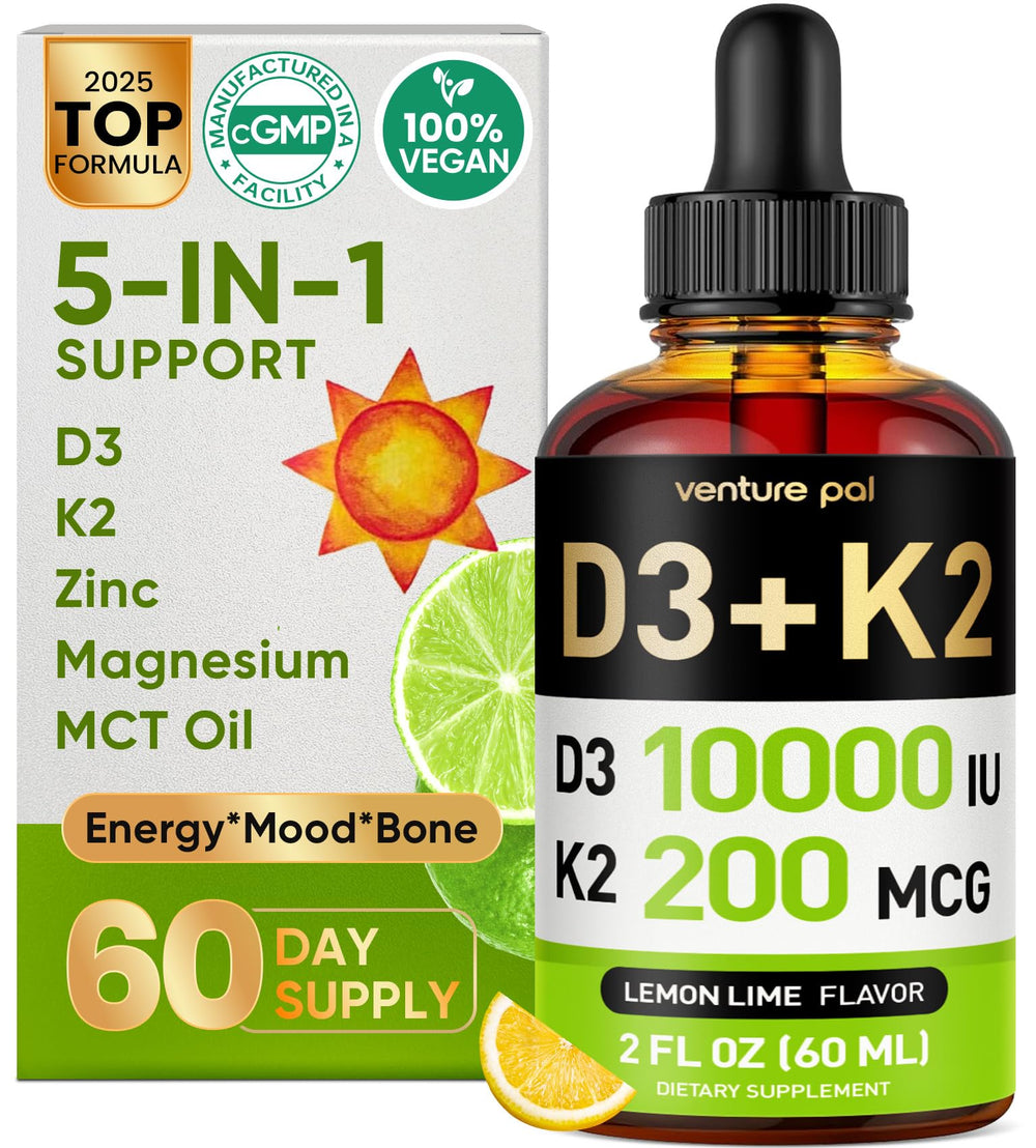 Venture Pal vitamin D3 K2 bottle with dropper showcases high-absorption liquid format.