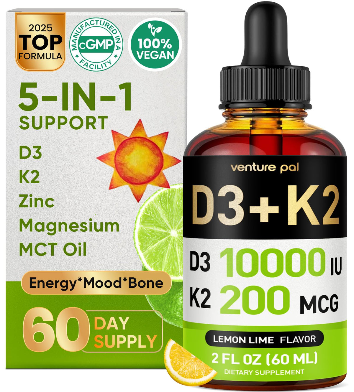 Venture Pal vitamin D3 K2 bottle with dropper showcases high-absorption liquid format.