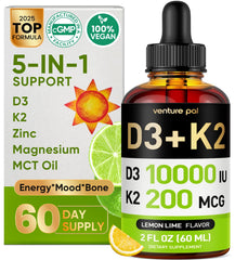 Venture Pal vitamin D3 K2 bottle with dropper showcases high-absorption liquid format.