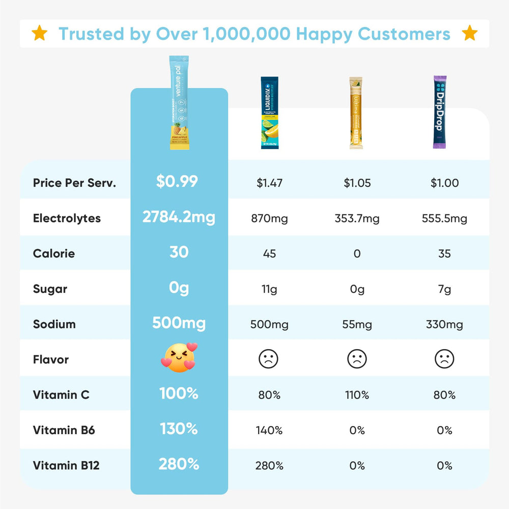 Venture Pal electrolyte drink mix bottle showing multivitamin blend benefits.
