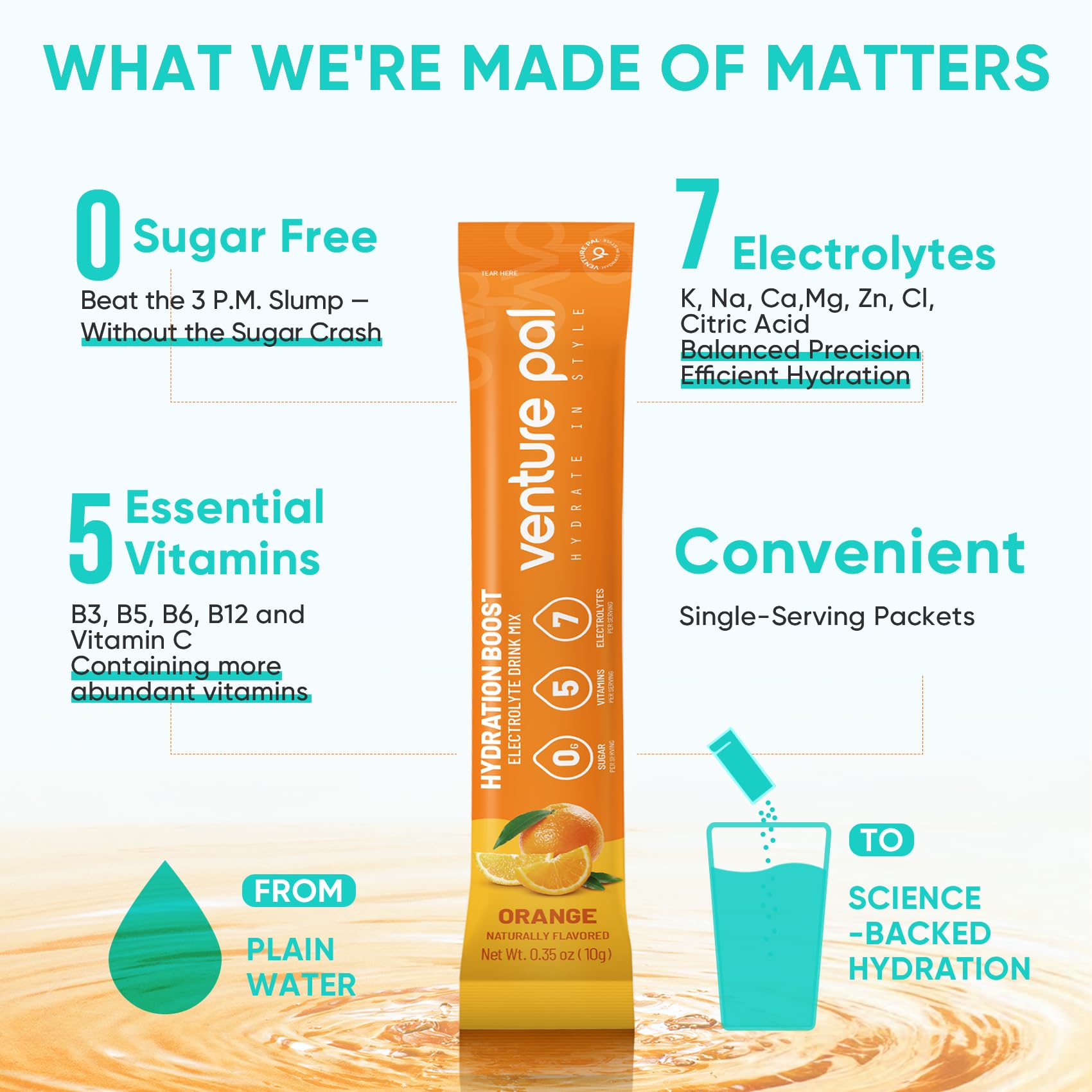 Venture Pal zero sugar no artificial sweeteners emphasizes clean taste and steady hydration.