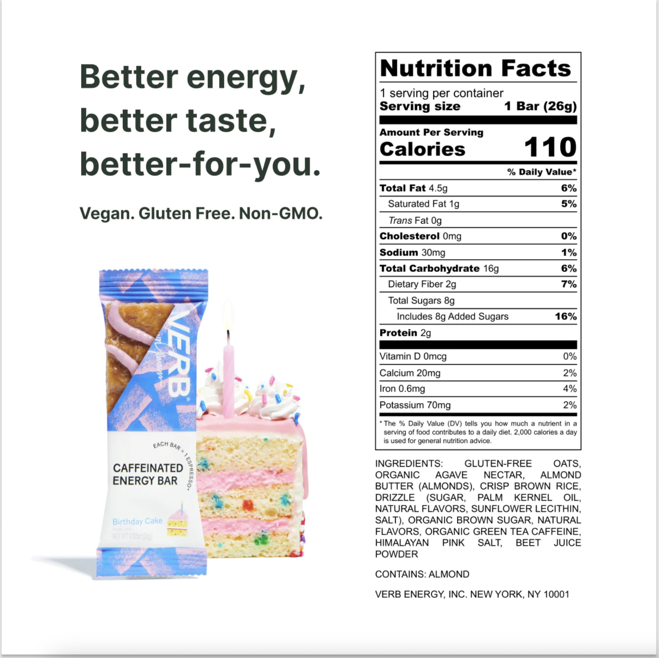 Verb Caffeinated Energy Bar Birthday Cake ingredients close-up for clean, simple ingredients.