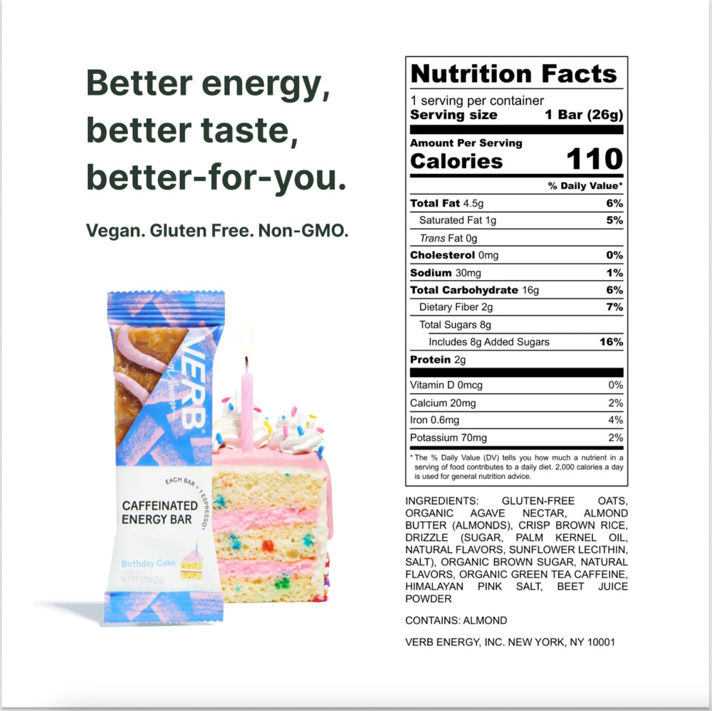 Verb Caffeinated Energy Bar Birthday Cake ingredients close-up for clean, simple ingredients.