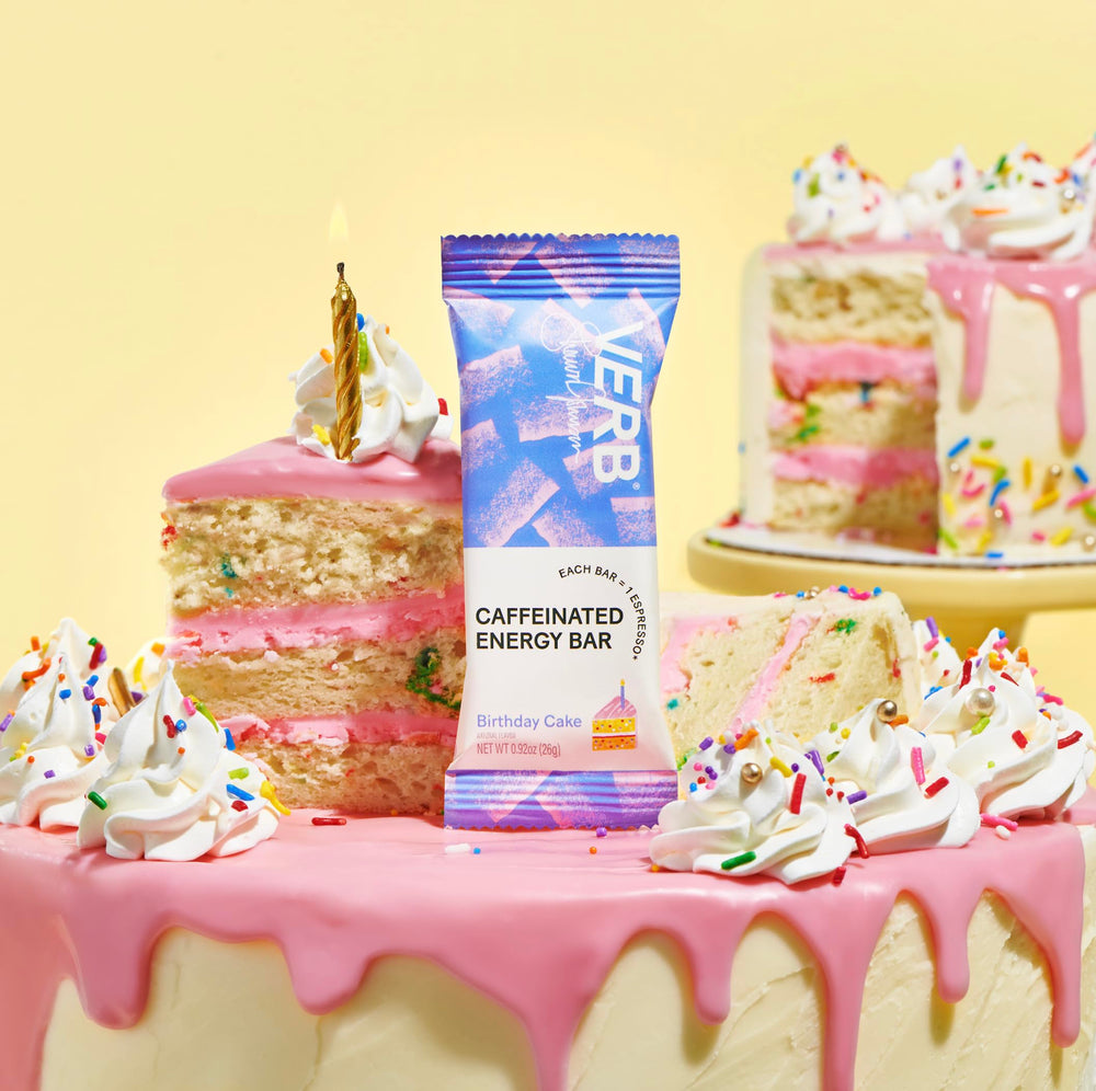 Verb Caffeinated Energy Bar Birthday Cake nutrition facts panel highlighting 110 calories.