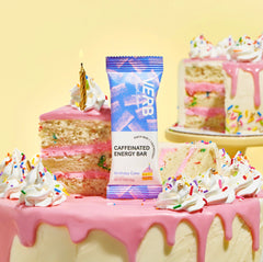 Verb Caffeinated Energy Bar Birthday Cake nutrition facts panel highlighting 110 calories.