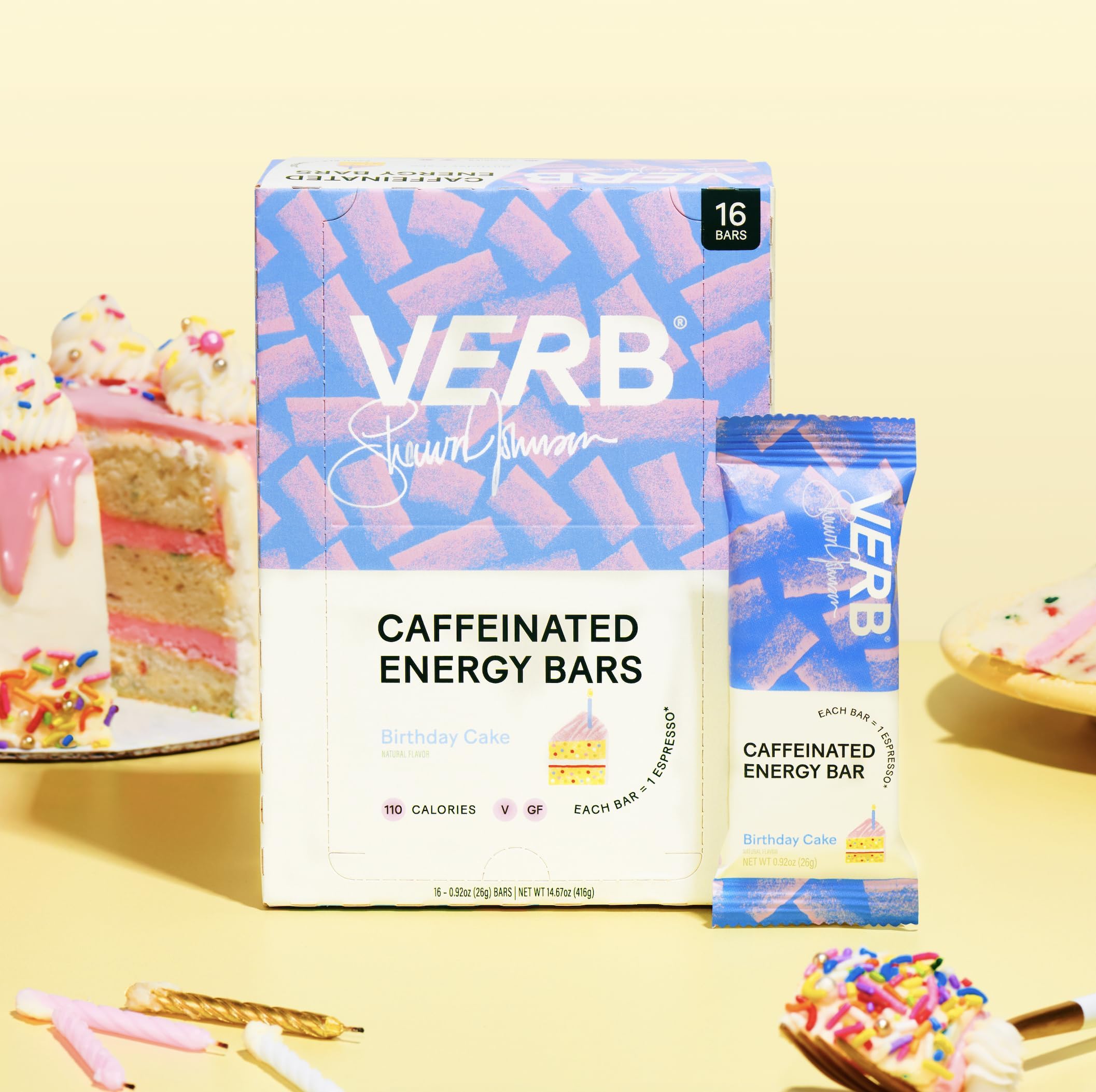Verb Caffeinated Energy Bar Birthday Cake on-the-go setup beside a laptop for sustained focus.