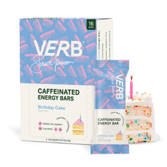 Verb Caffeinated Energy Bar Birthday Cake pack of 16 shown for convenient on-the-go energy.
