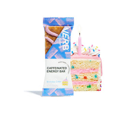 Verb Caffeinated Energy Bar Birthday Cake unwrapped bar ready to energize your day.