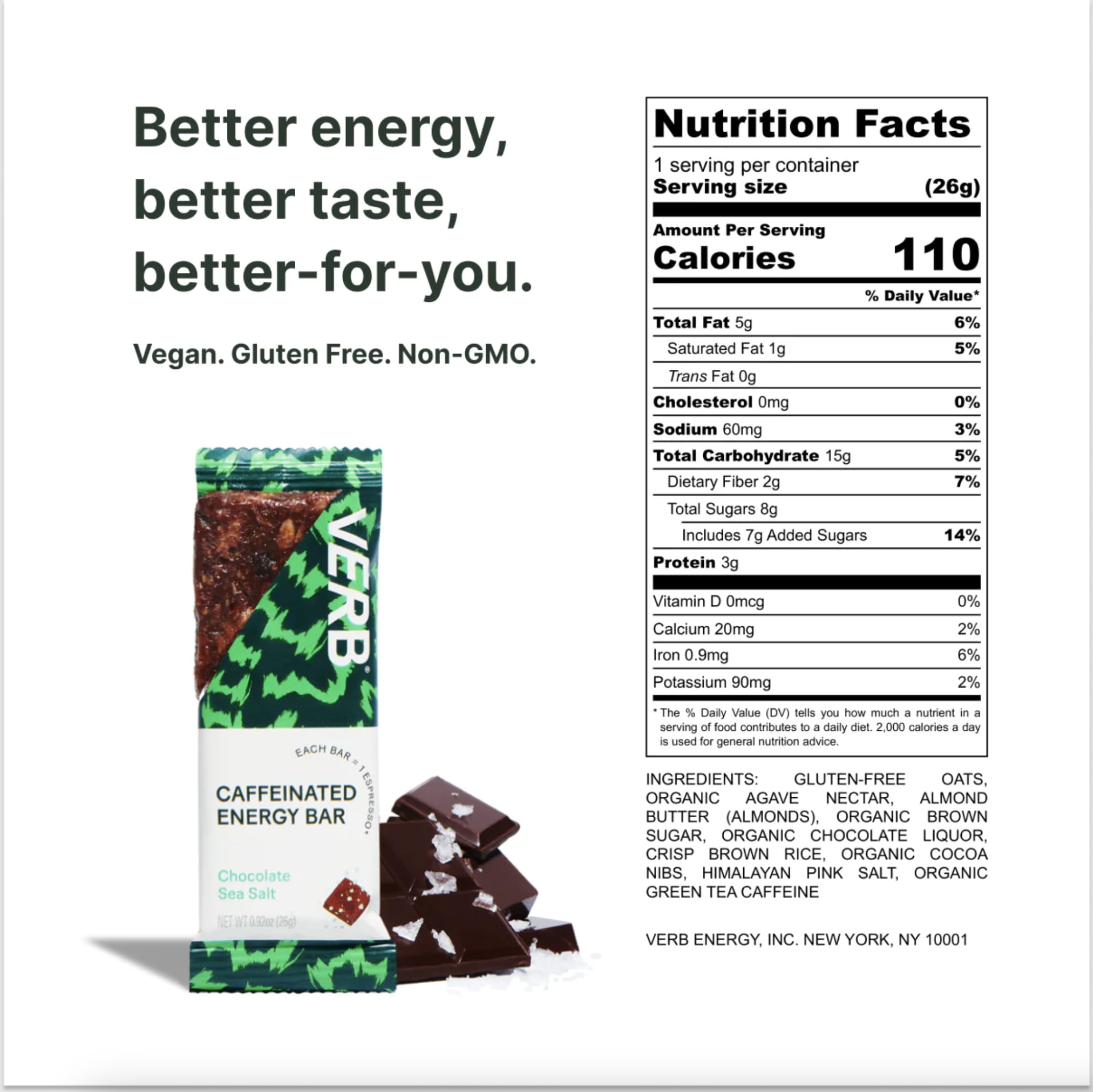 Verb Caffeinated Energy Bar close-up highlighting gluten-free oats and natural ingredients