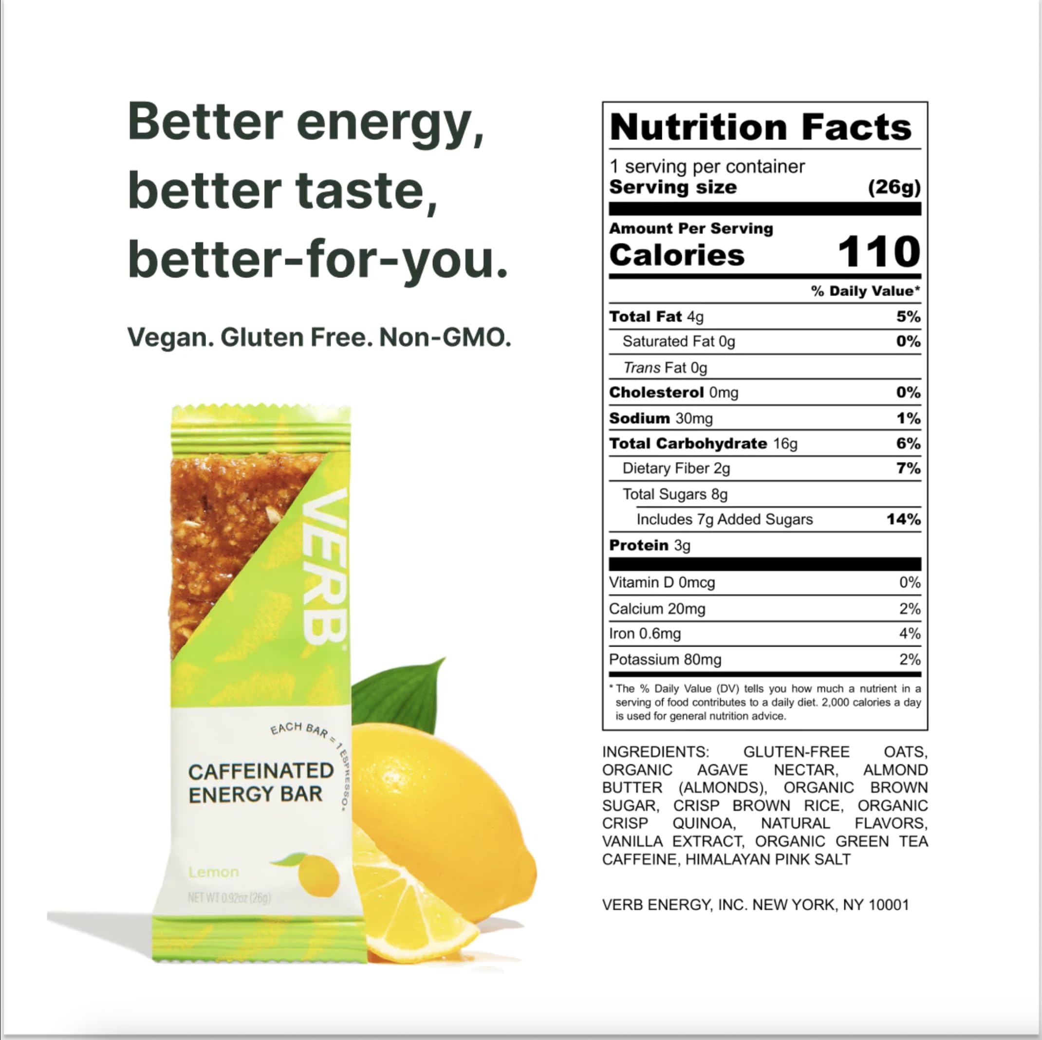 Verb Lemon energy bar close-up shows clean ingredients for steady focus.