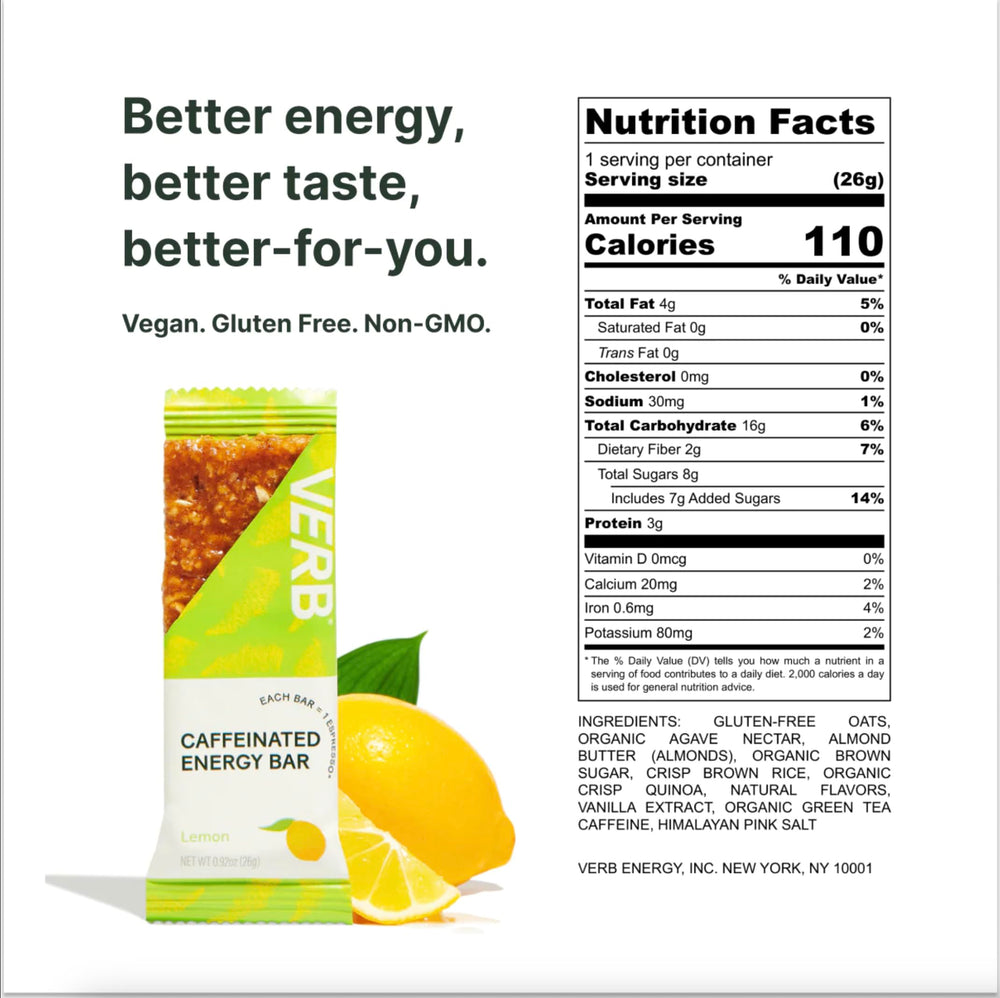 Verb Lemon energy bar close-up shows clean ingredients for steady focus.