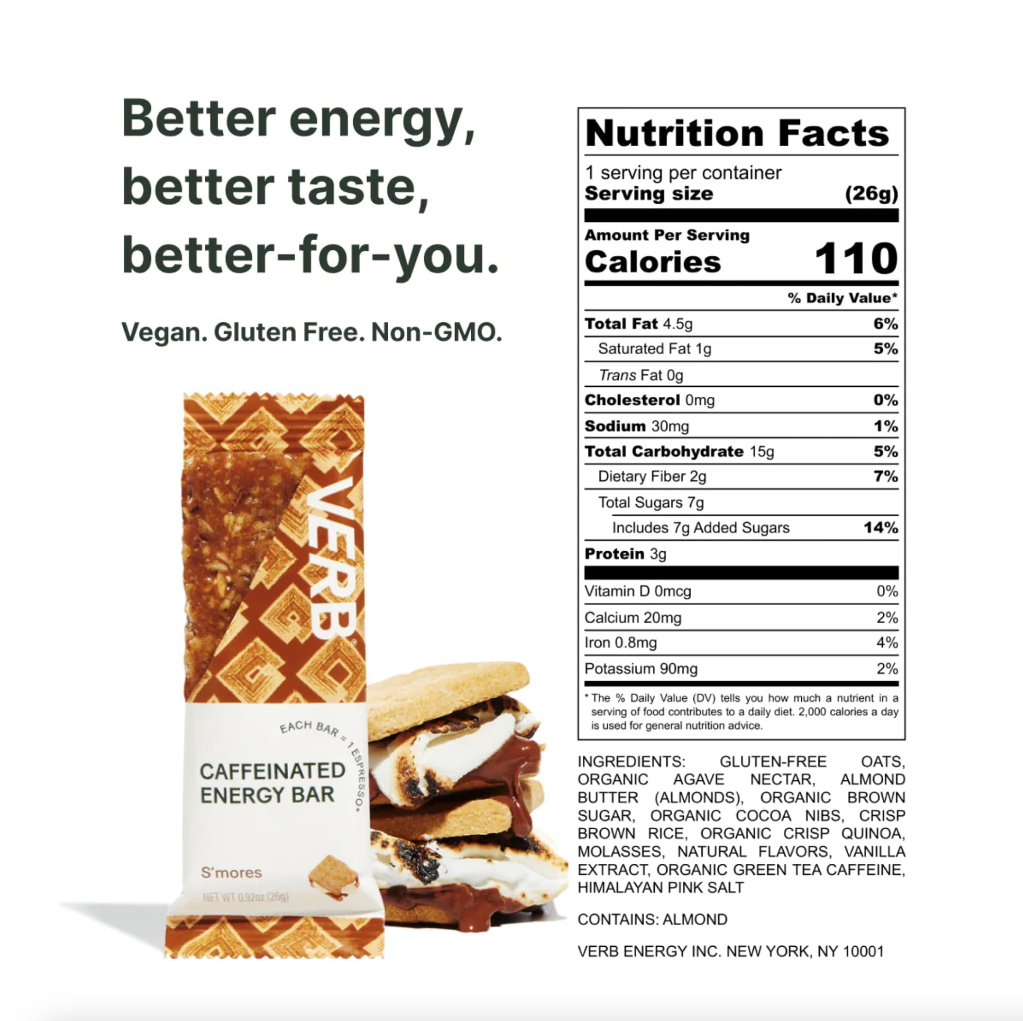 Verb Caffeinated Energy Bar S'mores bar closeup highlights texture and flavors for a quick treat.