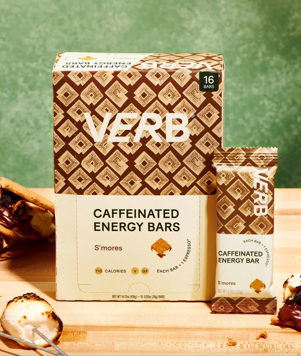 Verb Caffeinated Energy Bar S'mores in-pack display highlights compact form.