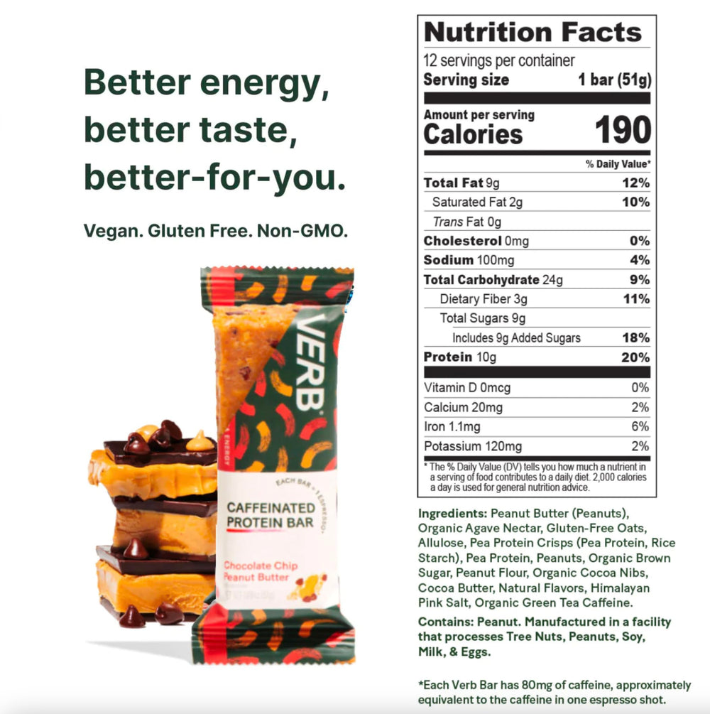 Verb Energy Bar wrap image emphasizes caffeinated protein for focused moments.