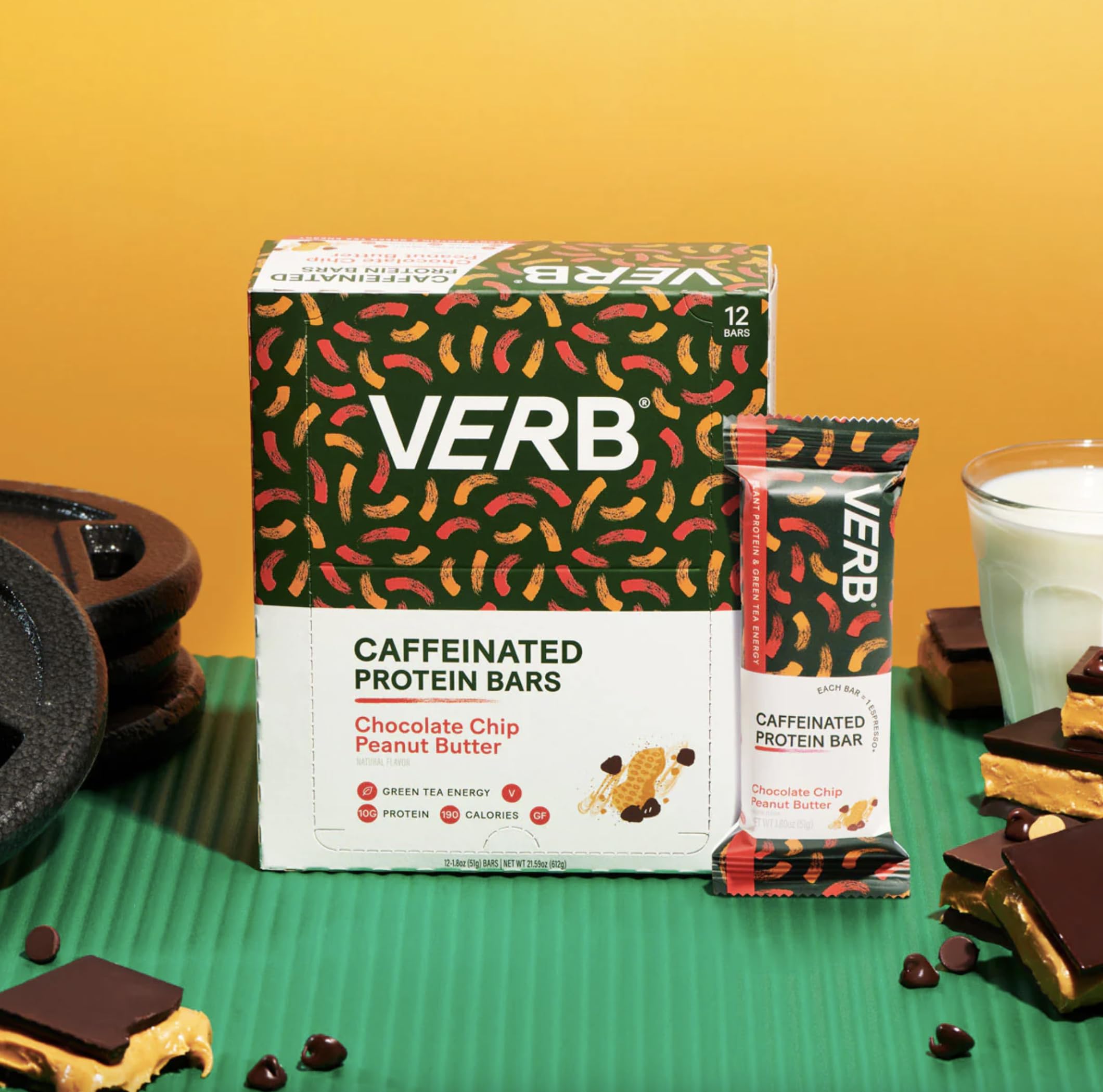Verb Energy Bar box display promotes vegan, gluten-free protein for on-the-go breakfast.