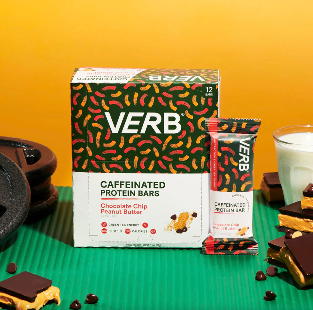 Verb Energy Bar box display promotes vegan, gluten-free protein for on-the-go breakfast.