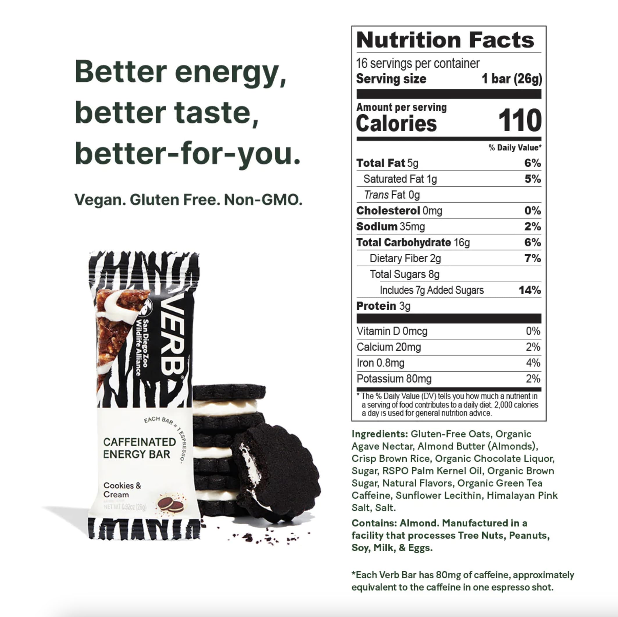 Verb Energy Bar Cookies & Cream ingredients close-up showing real-food ingredients