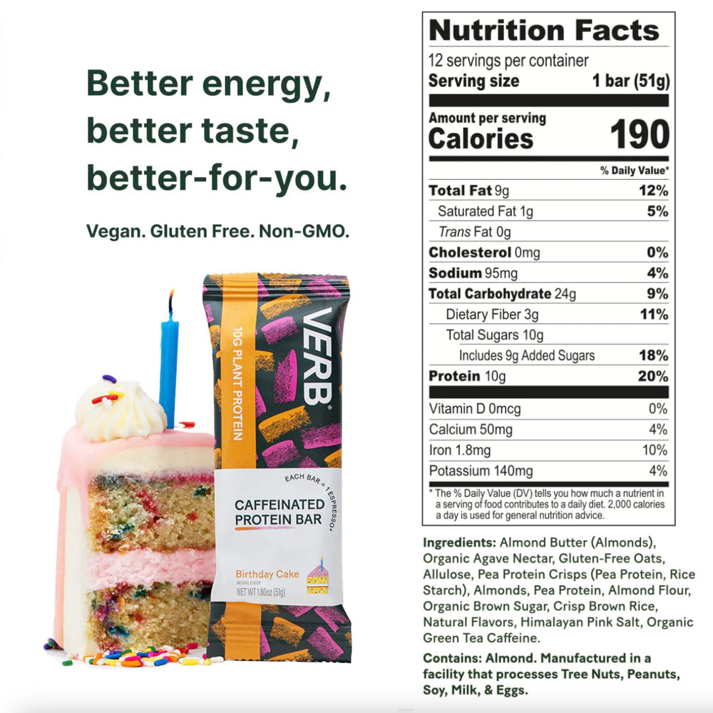 Verb Energy Birthday Cake bar close-up showing soft, chewy texture