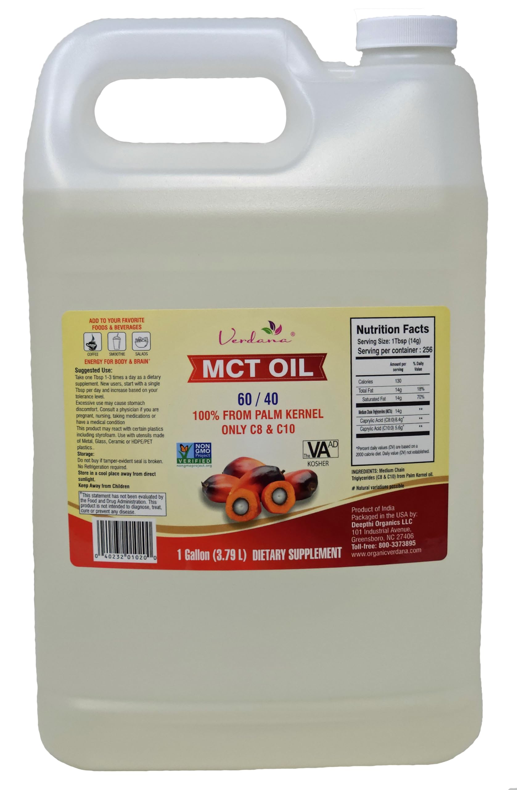 Verdana Food Grade MCT Oil bottle front highlights premium C8/C10 energy blend